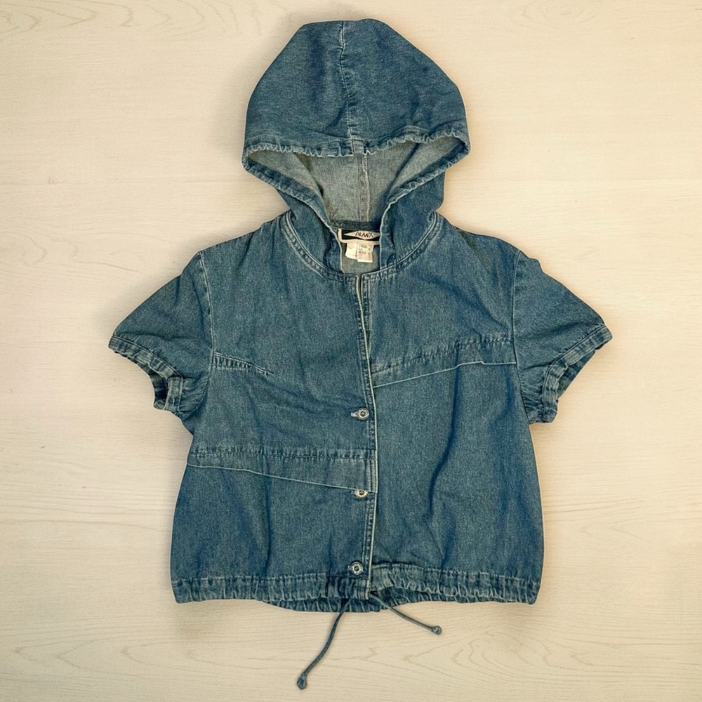 Vintage Denim Short-Sleeve Hooded Button-Down Shirt